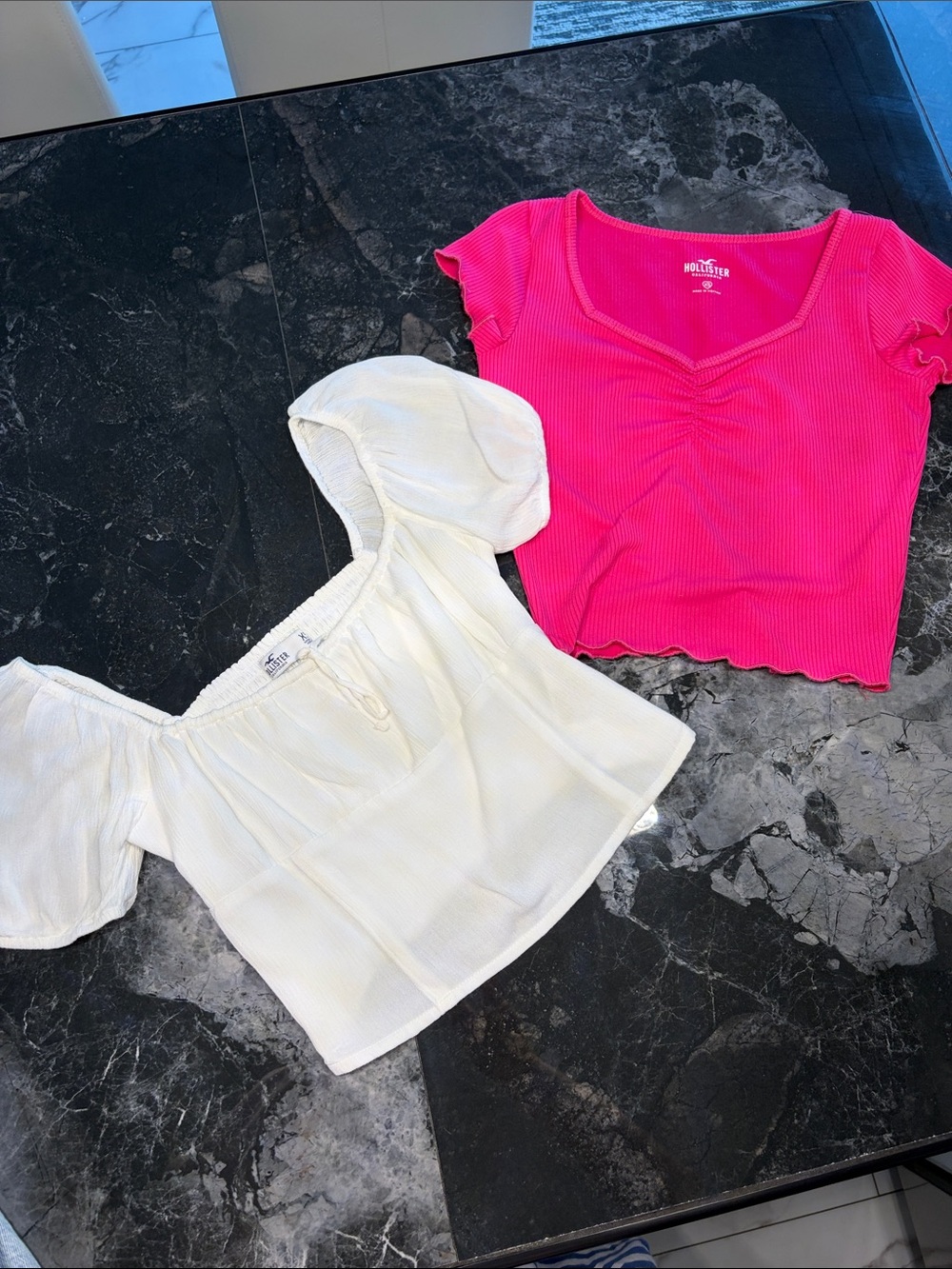 Hollister Hot Pink Ribbed Crop Top and White Off-Shoulder Blouse